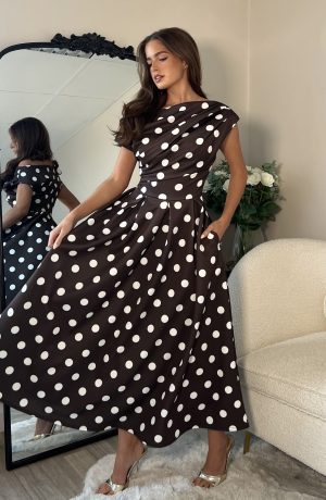 Betty Asymmetric Neckline Skater Midi Brown Polka