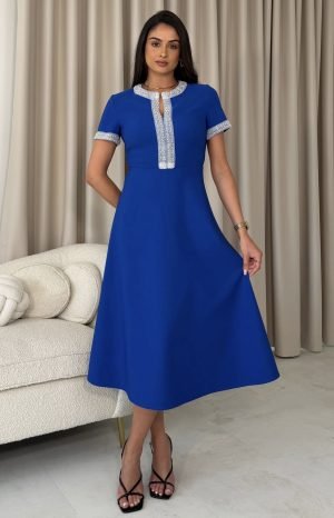 Natalia Beaded Bow Midi Dress - Blue