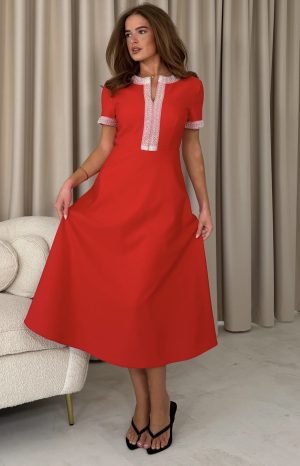 Natalia Beaded Bow Midi Dress - Red