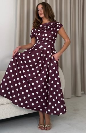 Betty Asymmetric Neckline Skater Midi Berry Polka