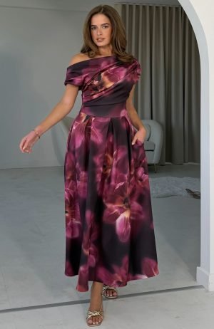 Betty Asymmetric Neckline Skater Midi Dress Plum Floral
