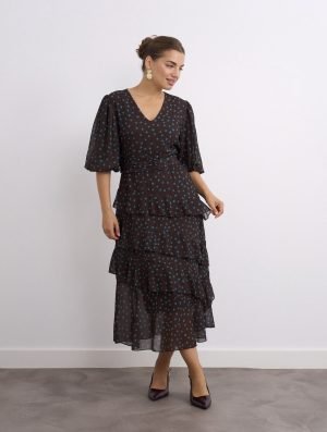 Amelia Dress - Brown With Turquoise Spot
