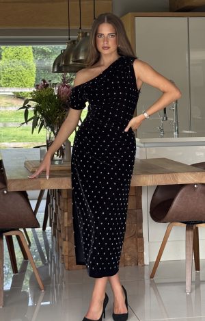 Donna Asymmetric Neckline Midi Dress Beaded Black Velvet