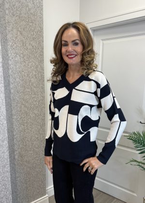 Sunday V-Neck Jumper - Navy and Cream Abstract