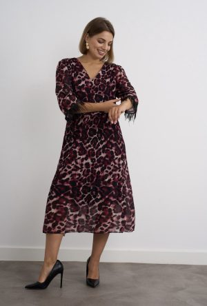 Olivia Dress - Pink  Print With Feathers